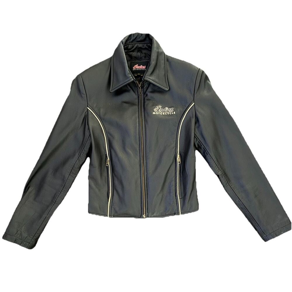 Indian Motorcycle Black 100% Leather With Beige Piping Biker Jacket Women’s Sz S